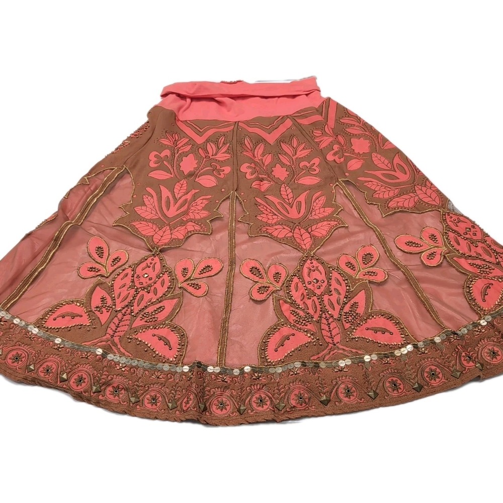 Basil & Maude A-Line Skirt Size 4 Coral Brown Embroidered Beaded Mesh Lined READ - Picture 5 of 16